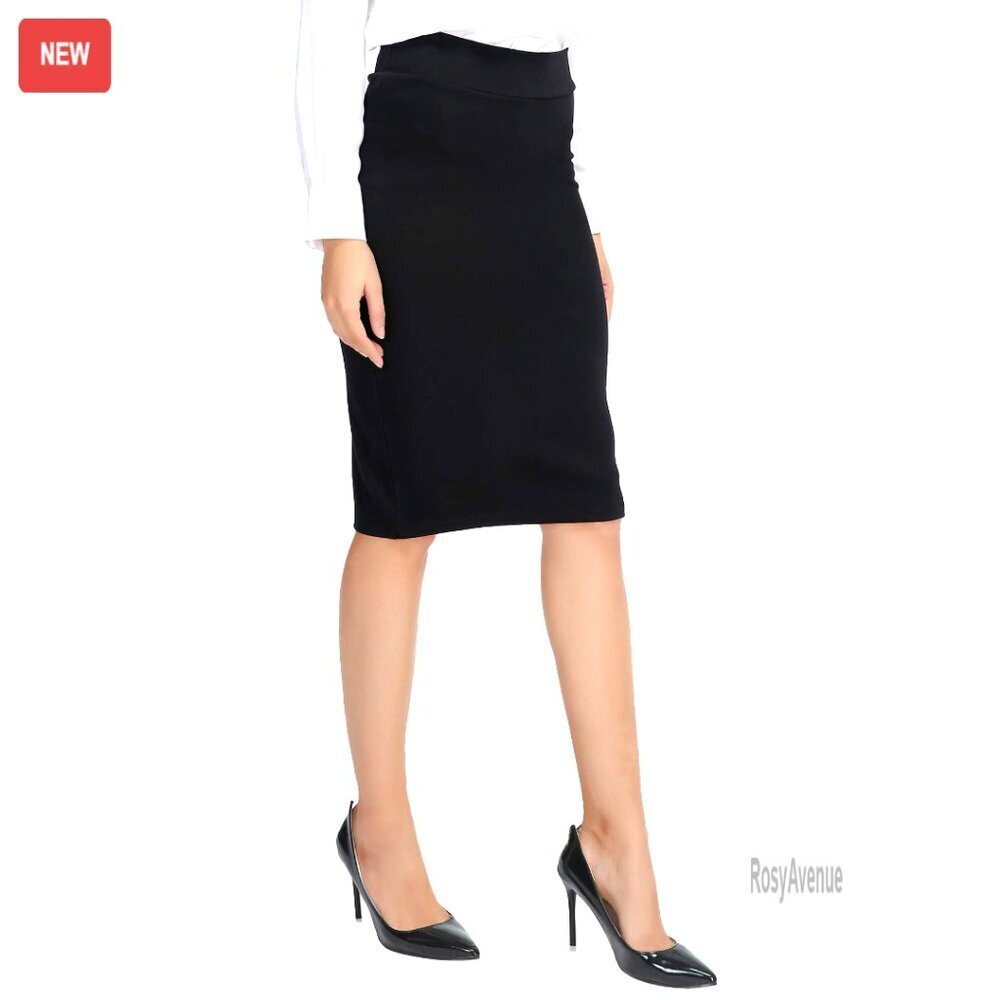 Stretch Bodycon Midi Pencil Skirt, Elastic Waist, Pull-On, Work Wear